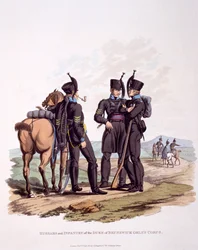 Uniform of Hussars und Infantry and the Duke of Brunswick's Oel's Corps, fra 'Costume of the British Empire, if the Last Regulations', utgitt 1812 (håndfarget akvatint)